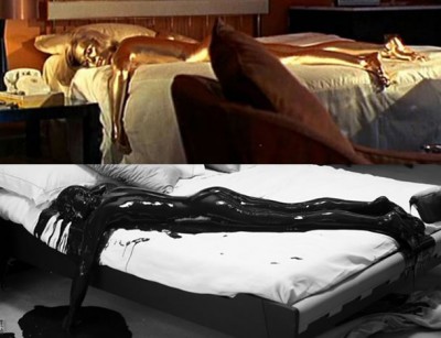 Iconic shot from "Goldfinger" (1964, above) . Eye-rolling shot from "Quantum of Solace" (2008, below). We get it. Oil = gold. Whoopdee do. 