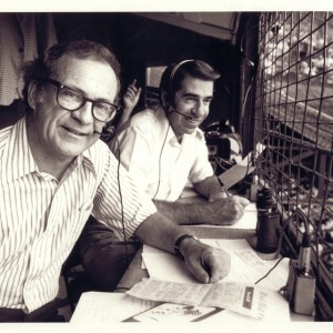 Ernie Harwell and Paul Carey broadcasting a Tigers game.